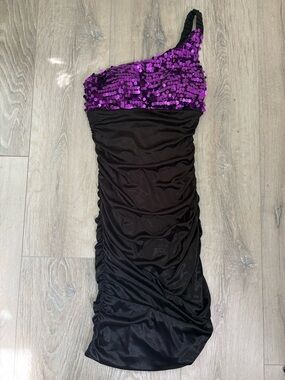 Ruby Rox One-Shoulder Black Mini Dress with Purple Sequin Bodice